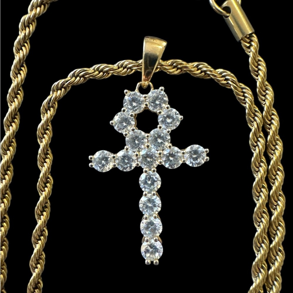 Micro Diamond Ankh Gold Necklace Pendant & Gold Rope Chain - Picture 2 of 6